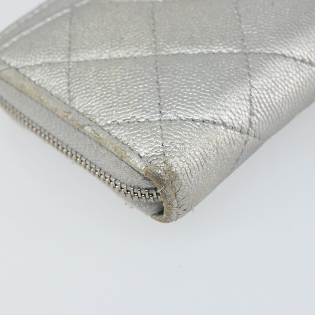 CHANEL Matelasse Long Wallet Caviar Skin Silver CC Auth 143007