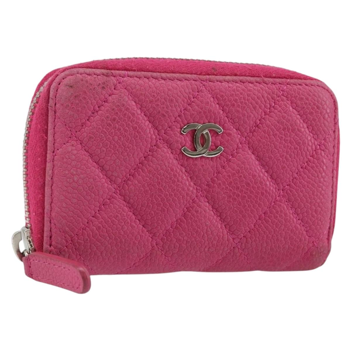 CHANEL Matelasse Coin Purse Caviar Skin Pink Silver CC Auth 143010