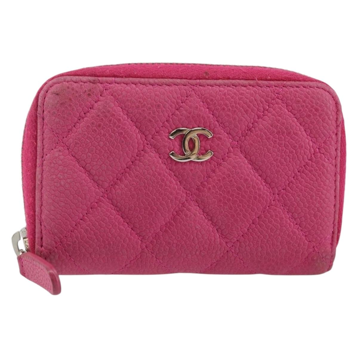 CHANEL Matelasse Coin Purse Caviar Skin Pink Silver CC Auth 143010