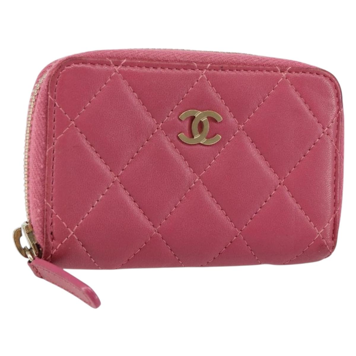 CHANEL Matelasse Coin Purse Lamb Skin Pink Silver CC Auth 143011