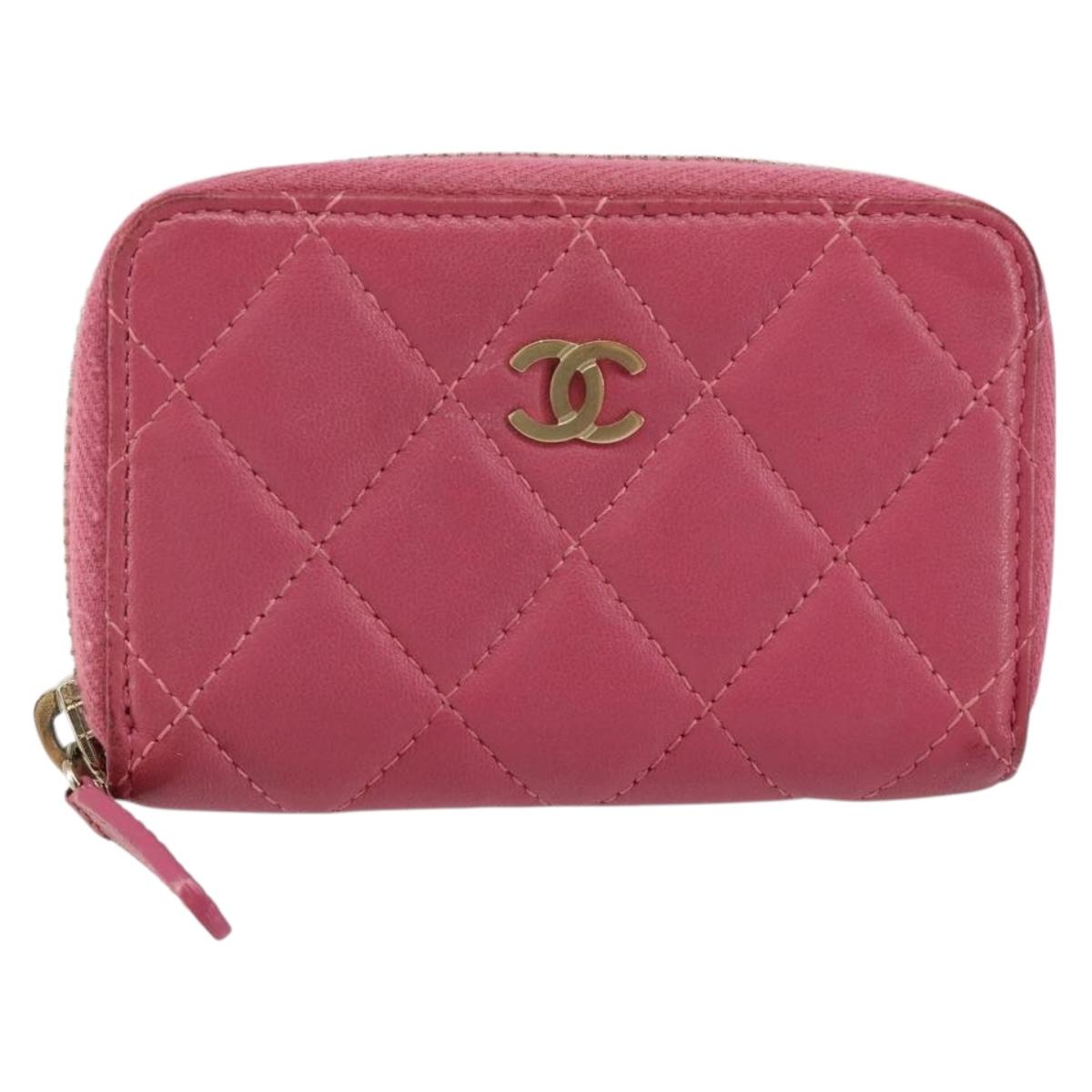 CHANEL Matelasse Coin Purse Lamb Skin Pink Silver CC Auth 143011