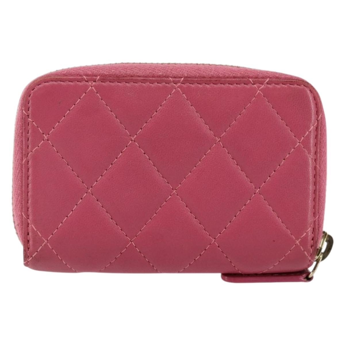CHANEL Matelasse Coin Purse Lamb Skin Pink Silver CC Auth 143011