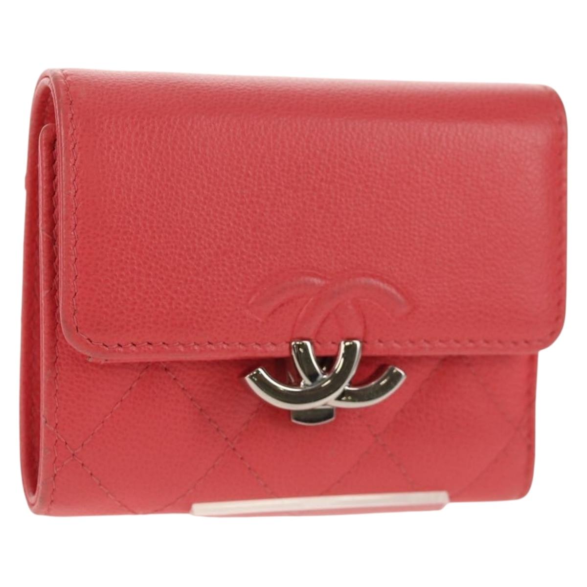CHANEL Matelasse Compact Wallet Caviar Skin Pink CC Auth 143012M