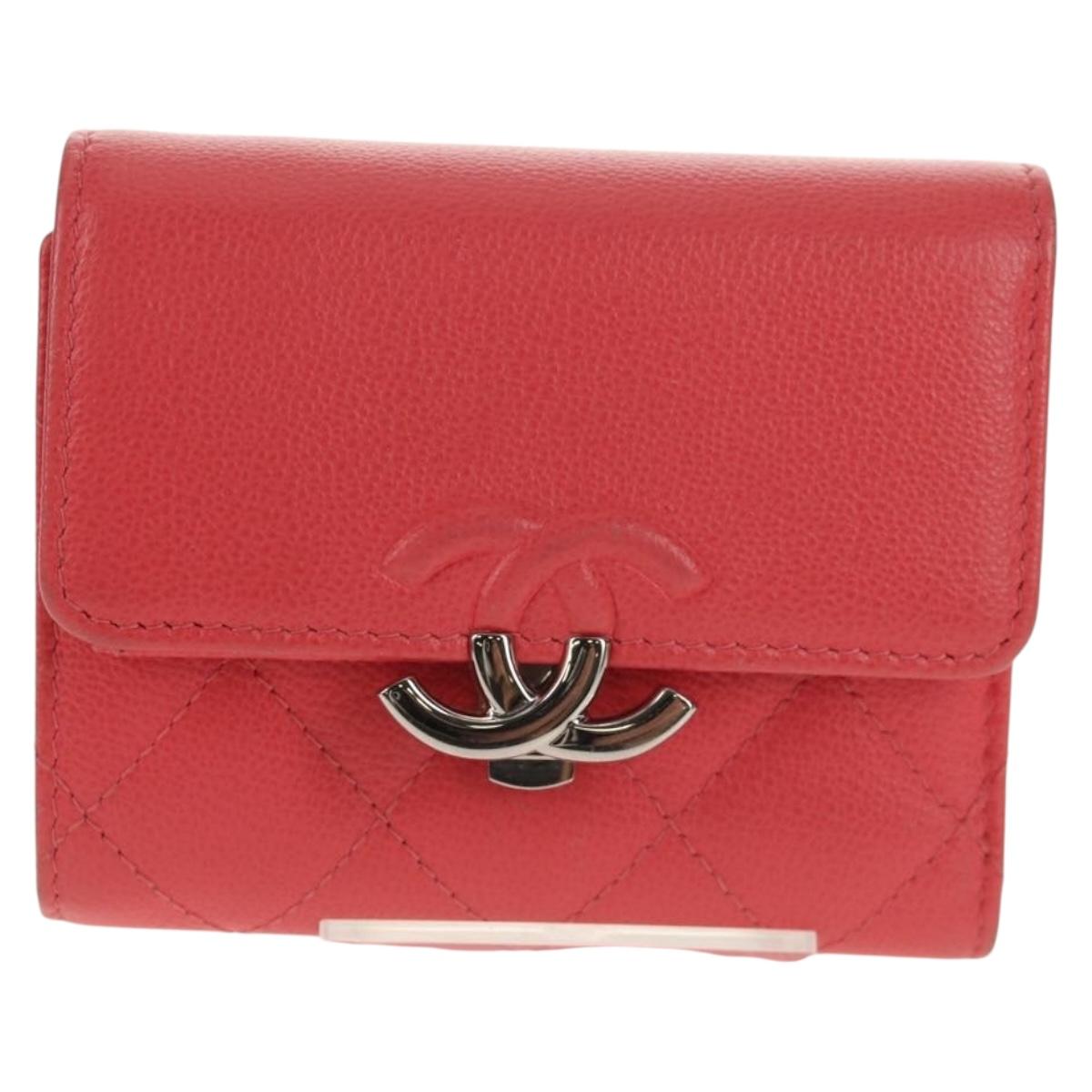 CHANEL Matelasse Compact Wallet Caviar Skin Pink CC Auth 143012M