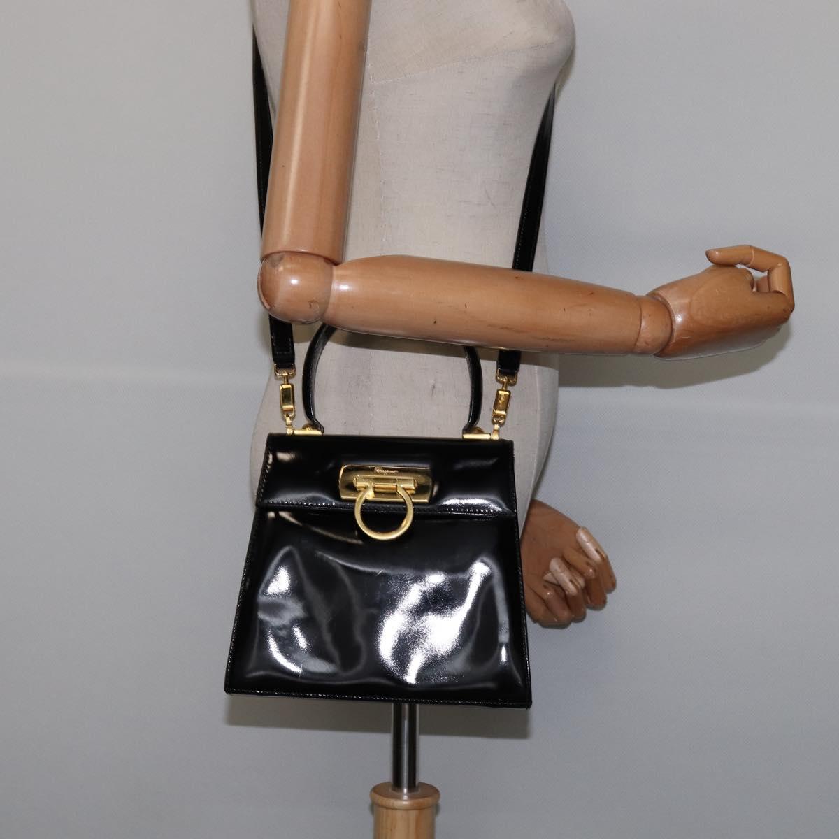 Salvatore Ferragamo Gancini Hand Bag Patent leather 2way Black Gold Auth 143083