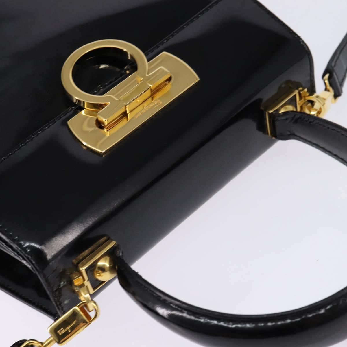Salvatore Ferragamo Gancini Hand Bag Patent leather 2way Black Gold Auth 143083