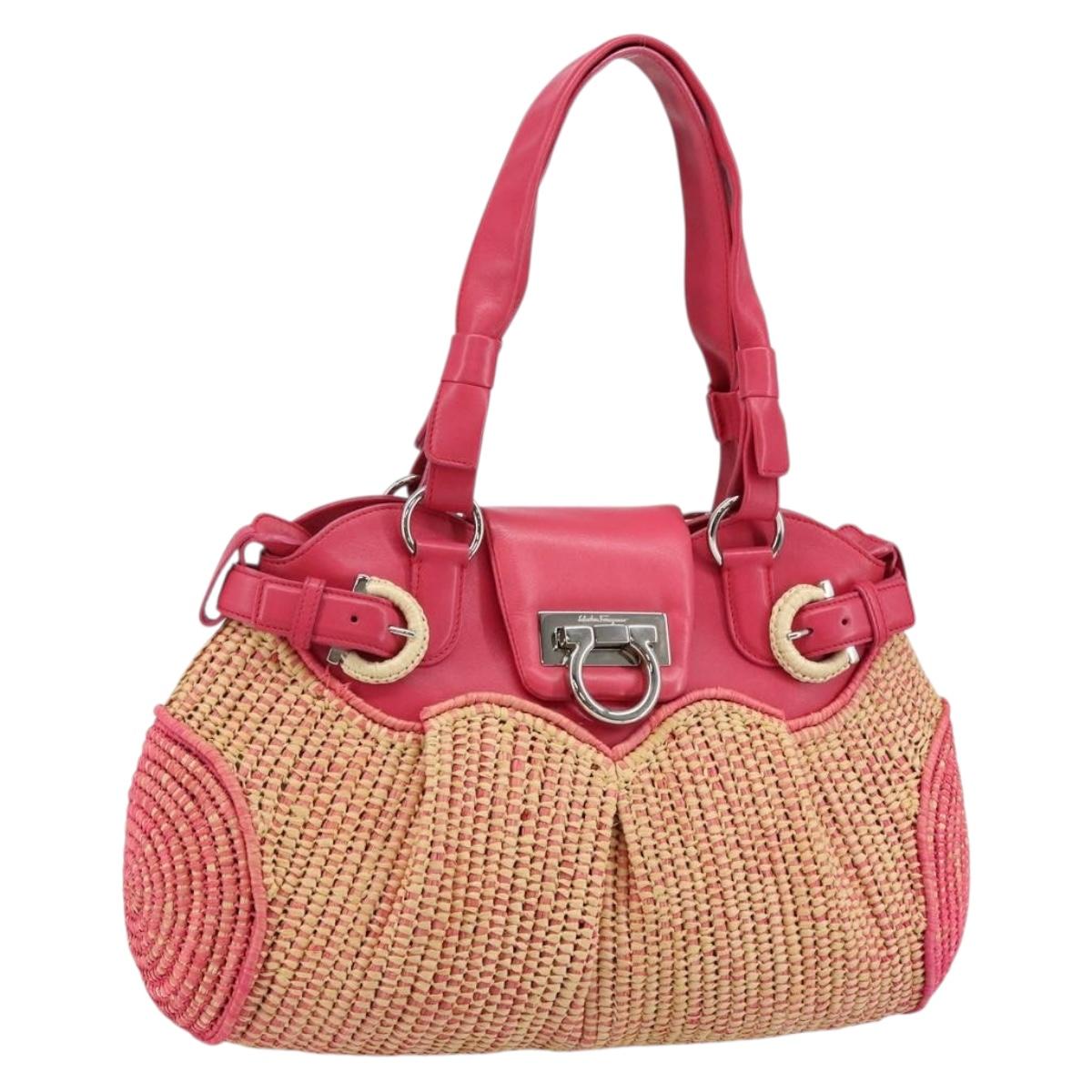 Salvatore Ferragamo Gancini Shoulder Bag Raffia Pink Silver Auth 143084
