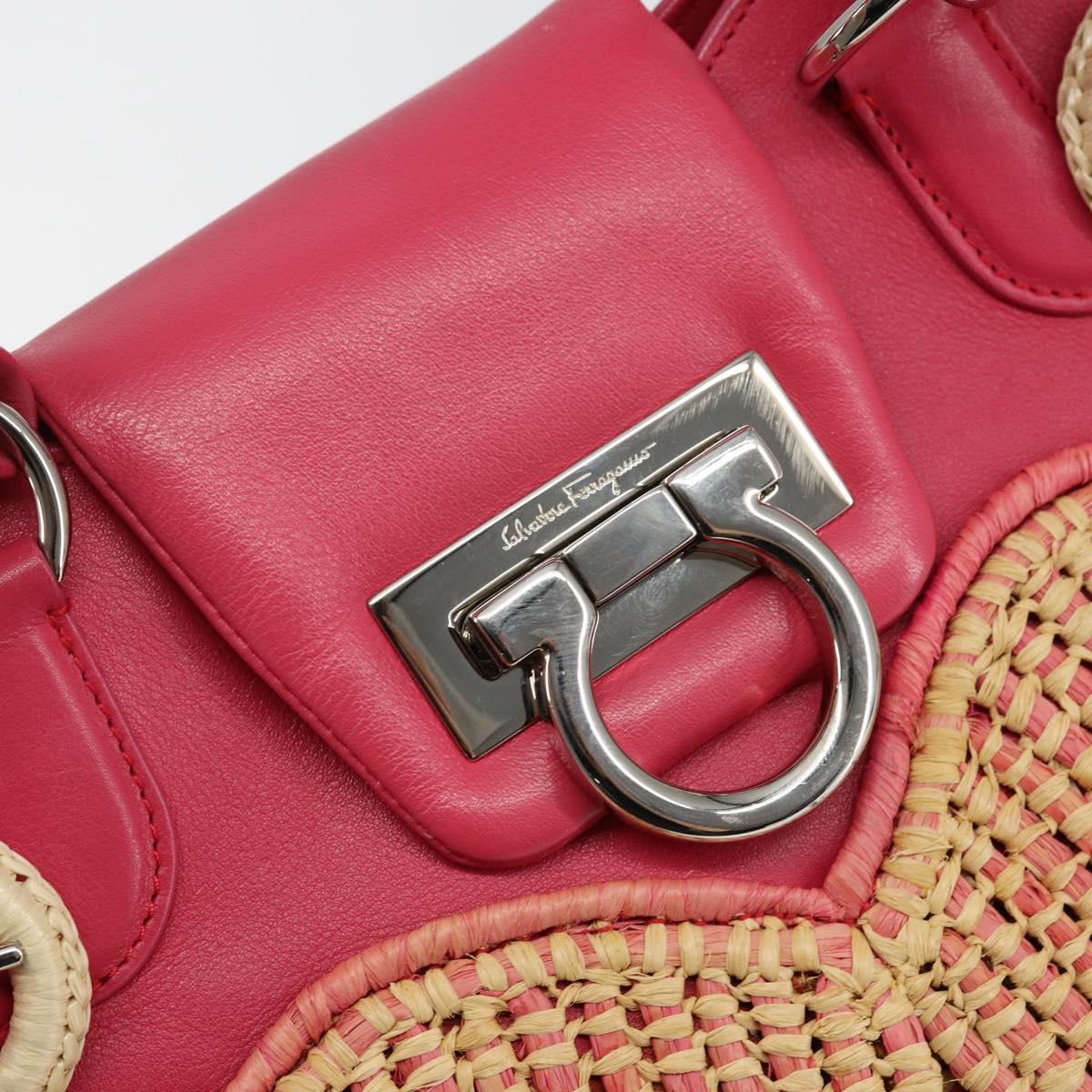 Salvatore Ferragamo Gancini Shoulder Bag Raffia Pink Silver Auth 143084