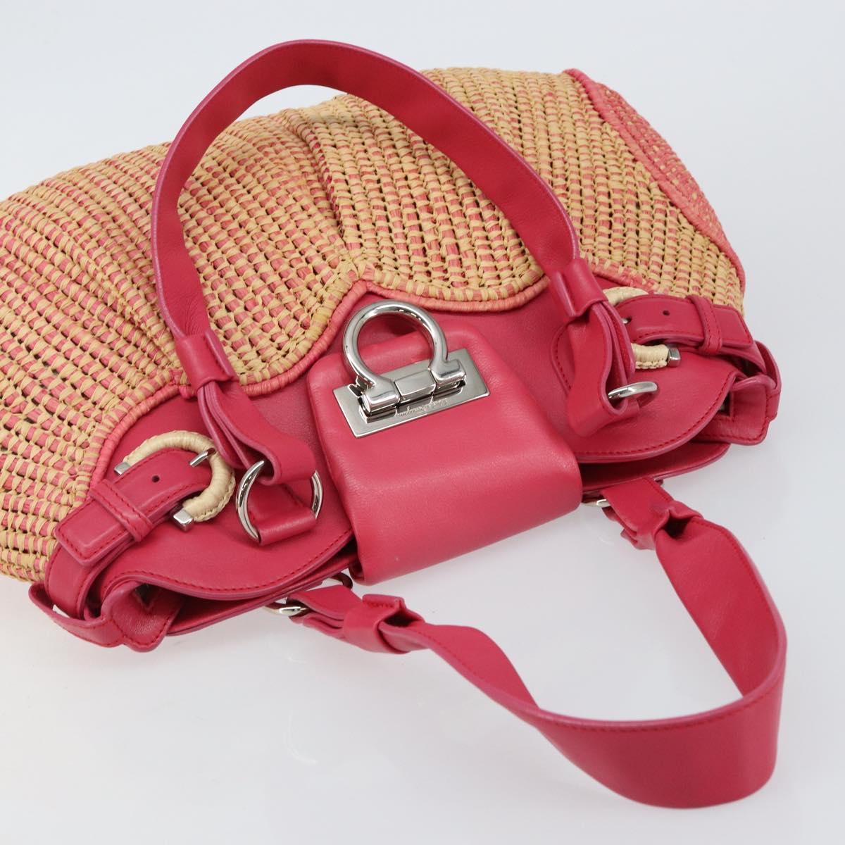 Salvatore Ferragamo Gancini Shoulder Bag Raffia Pink Silver Auth 143084