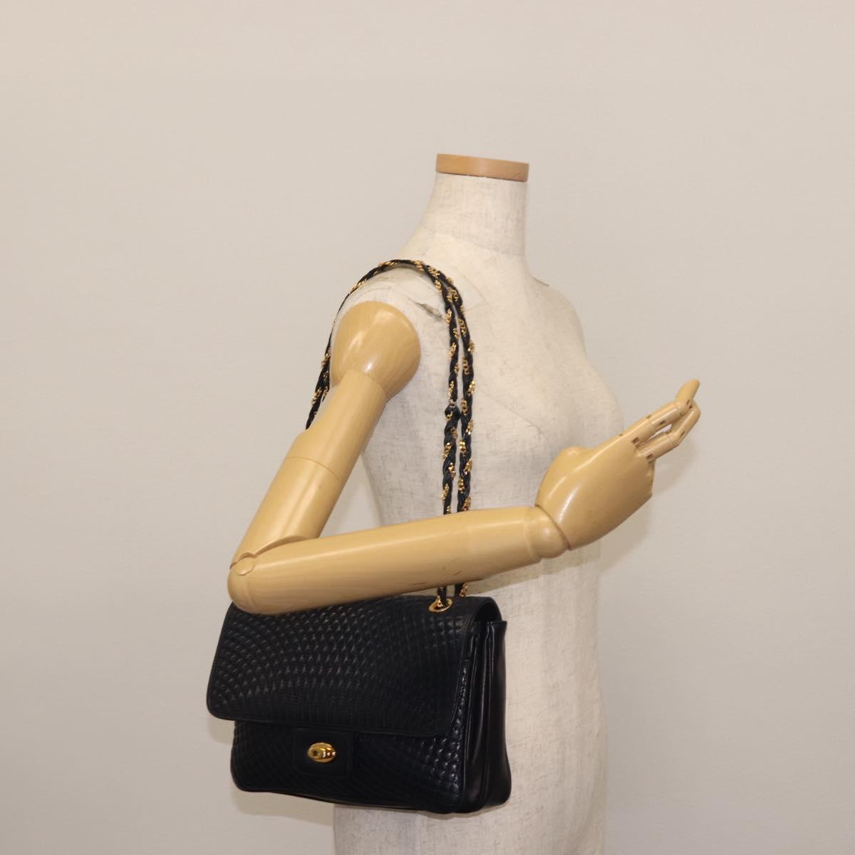 BALLY Chain Shoulder Bag Leather Navy Gold Auth 143089