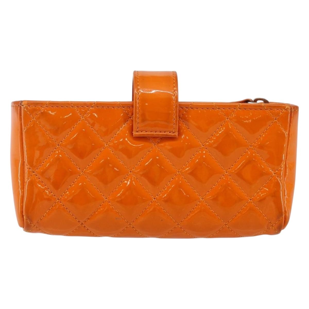 CHANEL Matelasse Pouch Patent leather Orange CC Auth 143091