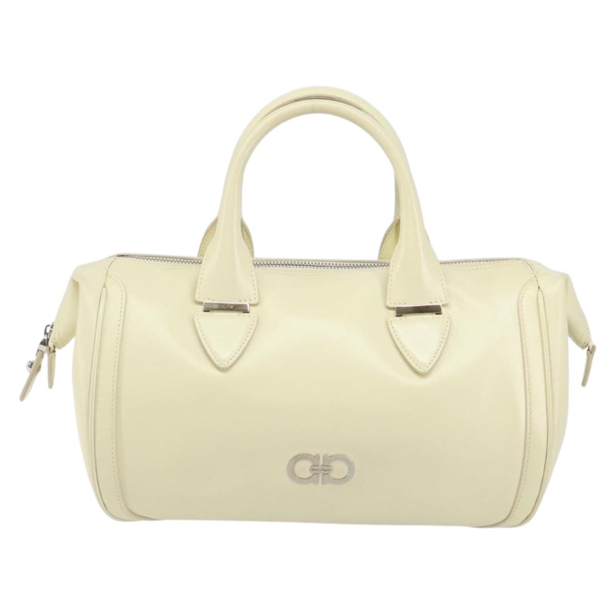 Salvatore Ferragamo Gancini Hand Bag Leather White Silver Auth 143127