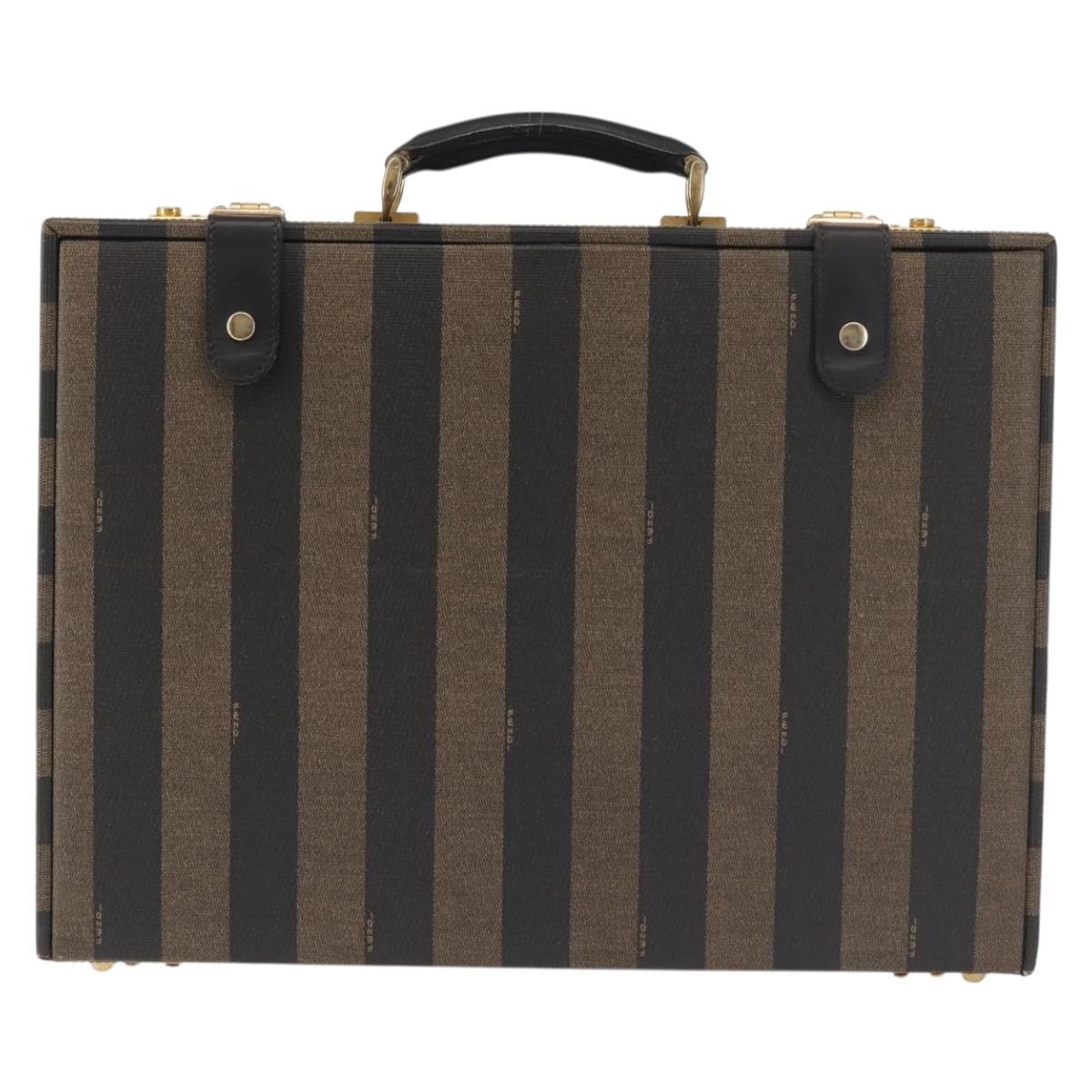 FENDI Attache Case Pecan Canvas Black Brown Auth 143134