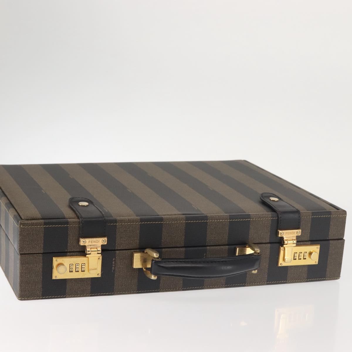 FENDI Attache Case Pecan Canvas Black Brown Auth 143134