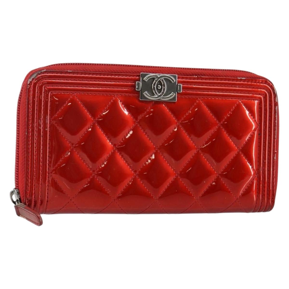 CHANEL Boy Chanel Long Wallet Patent leather Red Silver CC Auth 143150
