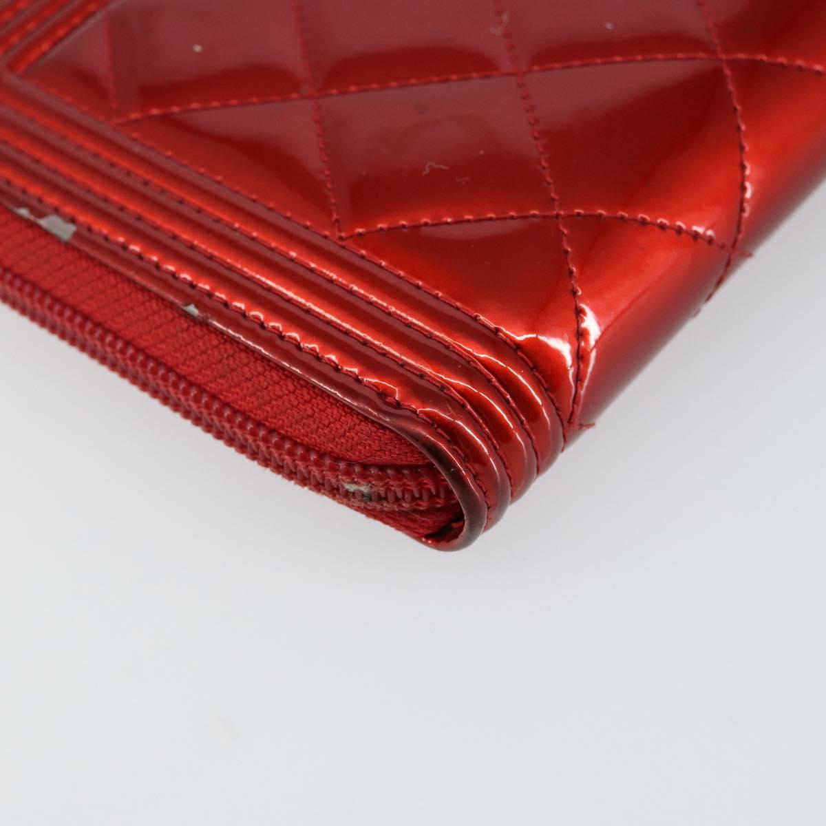 CHANEL Boy Chanel Long Wallet Patent leather Red Silver CC Auth 143150