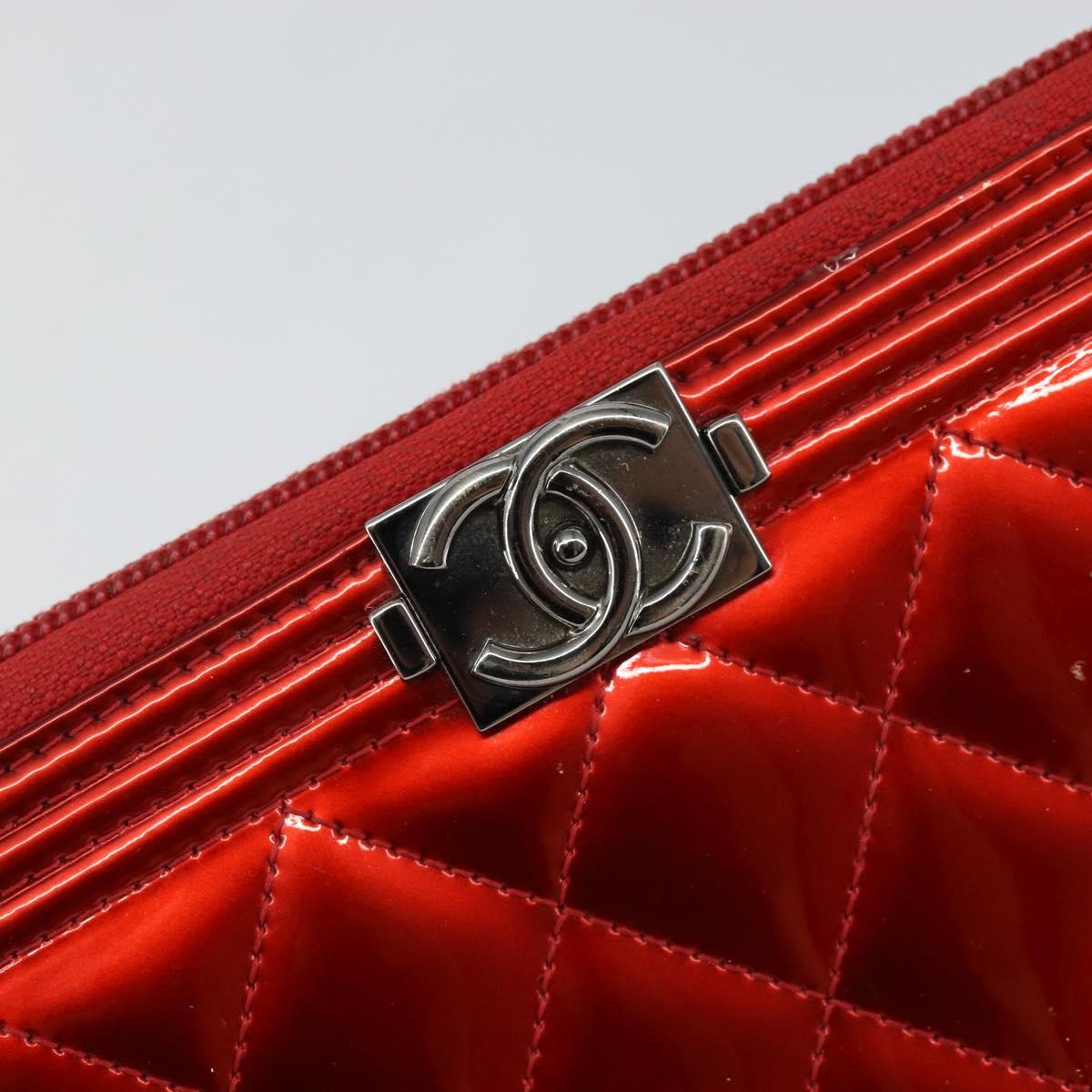 CHANEL Boy Chanel Long Wallet Patent leather Red Silver CC Auth 143150