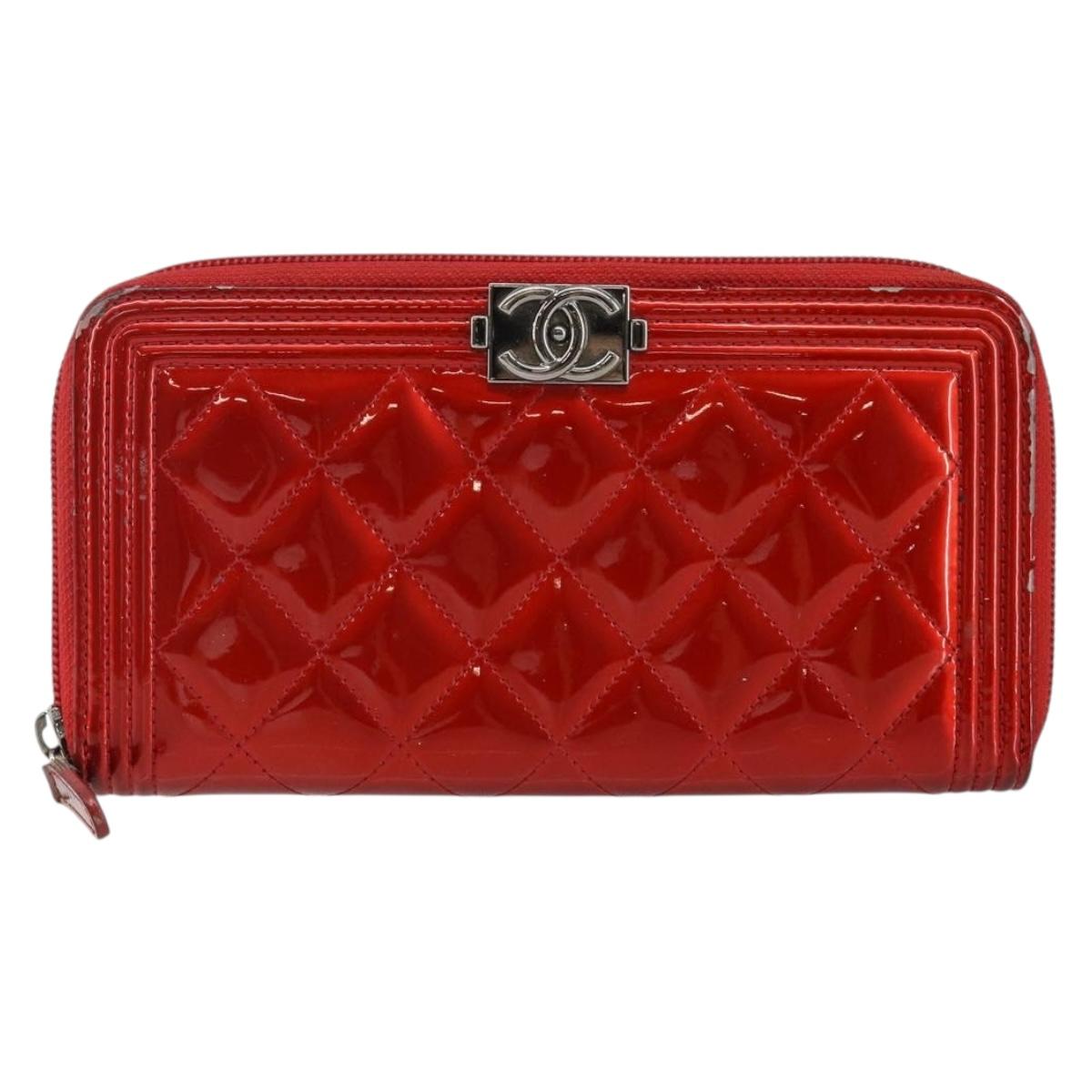 CHANEL Boy Chanel Long Wallet Patent leather Red Silver CC Auth 143150