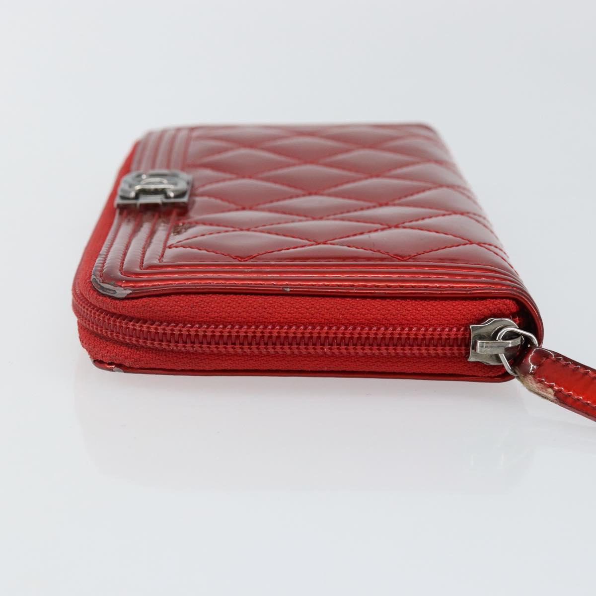 CHANEL Boy Chanel Long Wallet Patent leather Red Silver CC Auth 143150