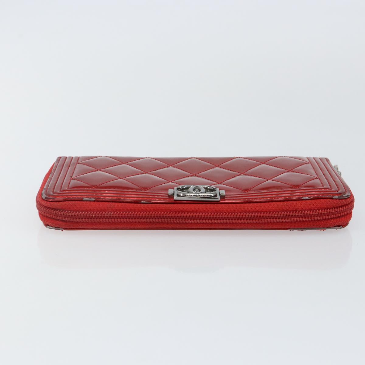 CHANEL Boy Chanel Long Wallet Patent leather Red Silver CC Auth 143150