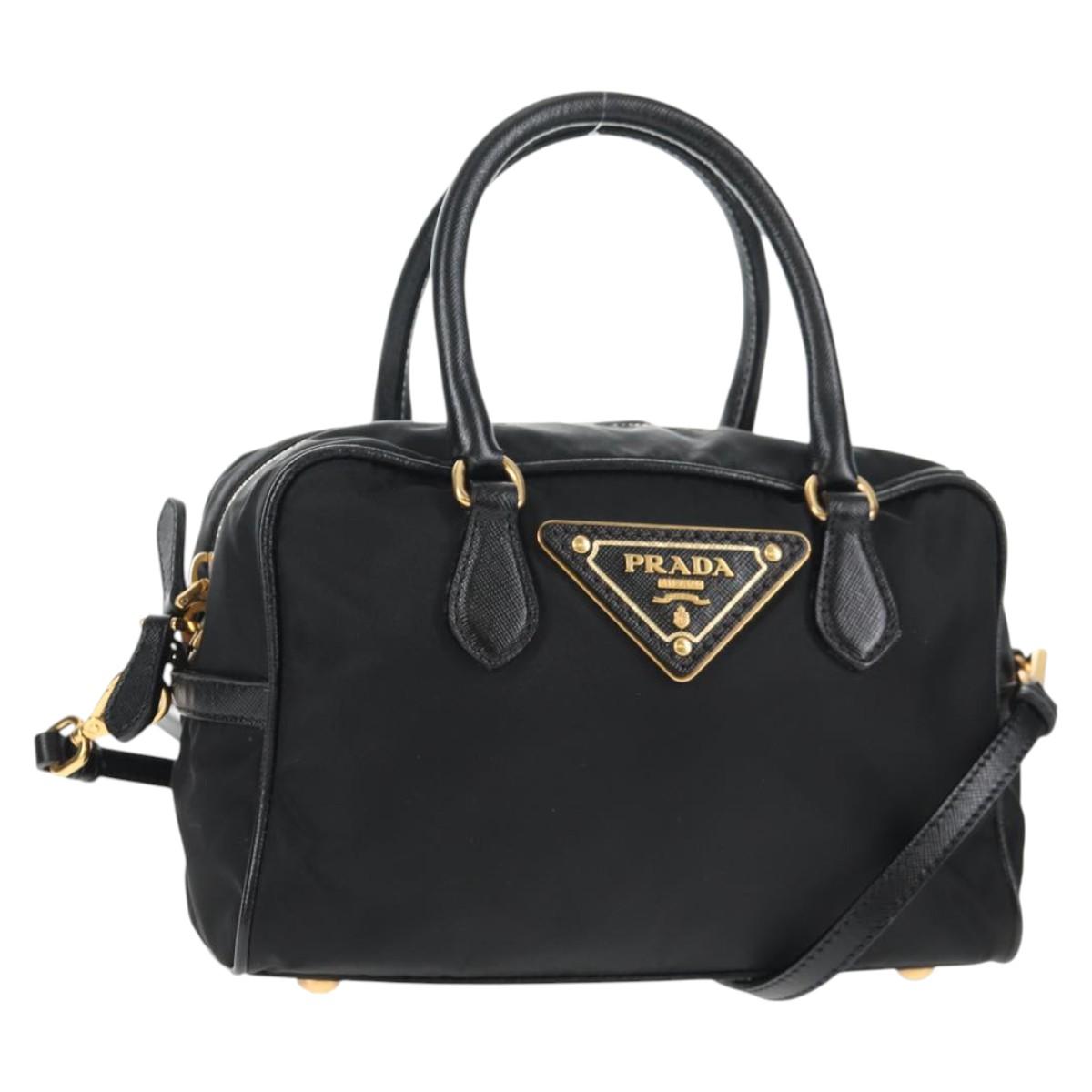 PRADA Hand Bag Nylon 2way Black Gold Auth 143157V