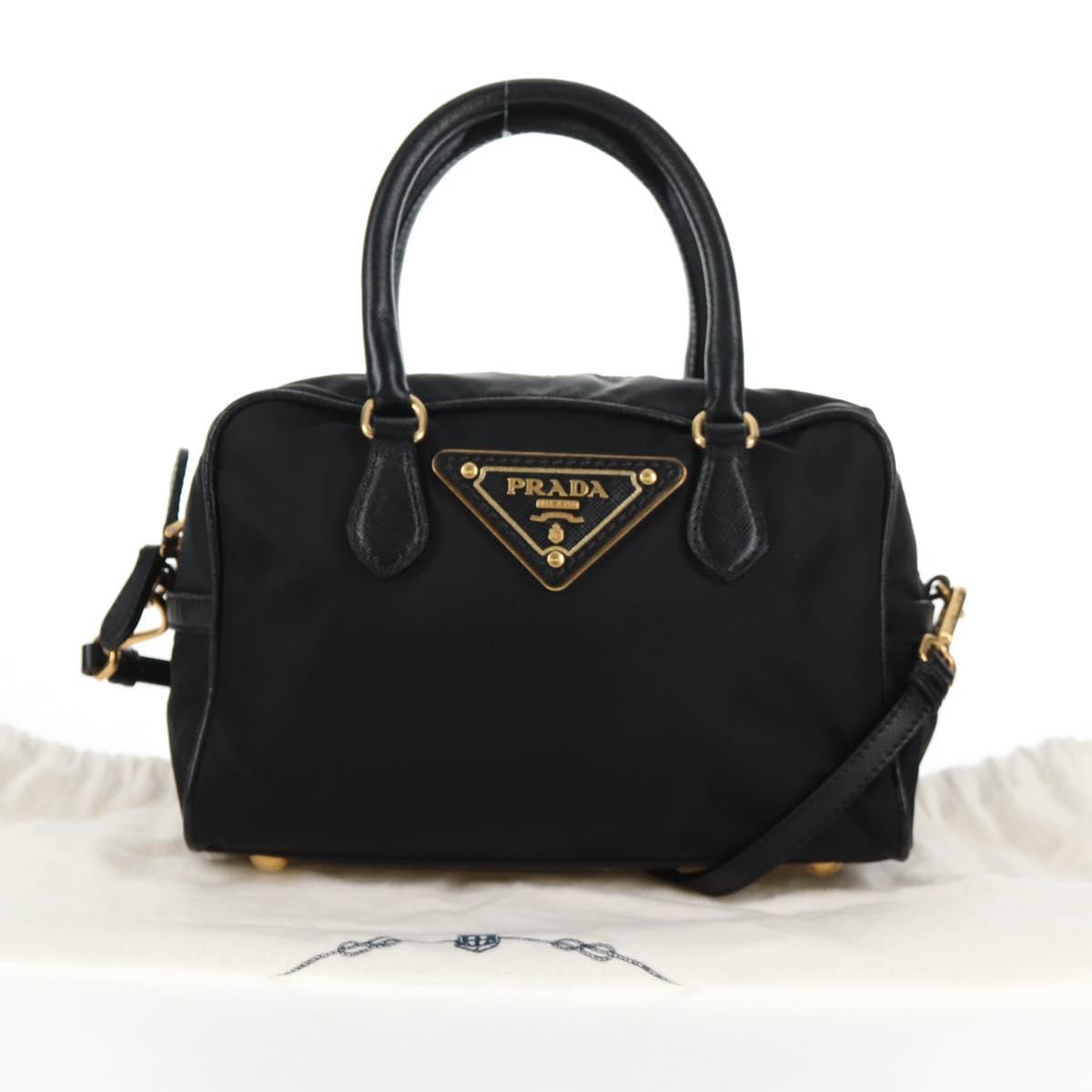 PRADA Hand Bag Nylon 2way Black Gold Auth 143157V