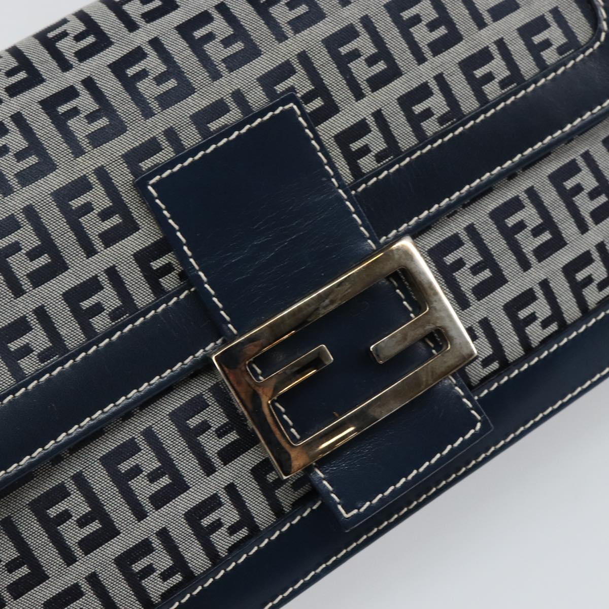 FENDI Zucchino Canvas Mamma Baguette Shoulder Bag Navy Silver Auth 143158V