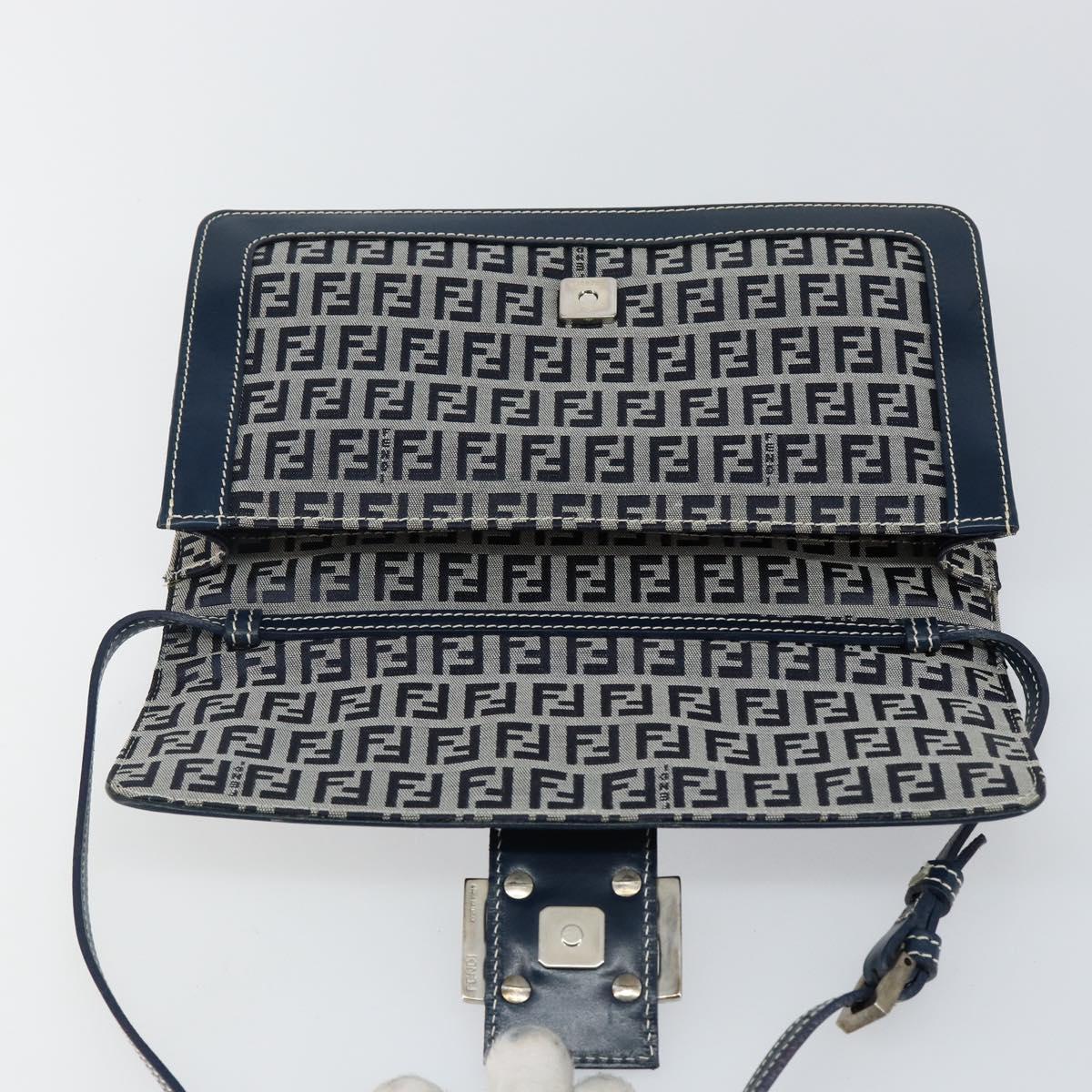 FENDI Zucchino Canvas Mamma Baguette Shoulder Bag Navy Silver Auth 143158V