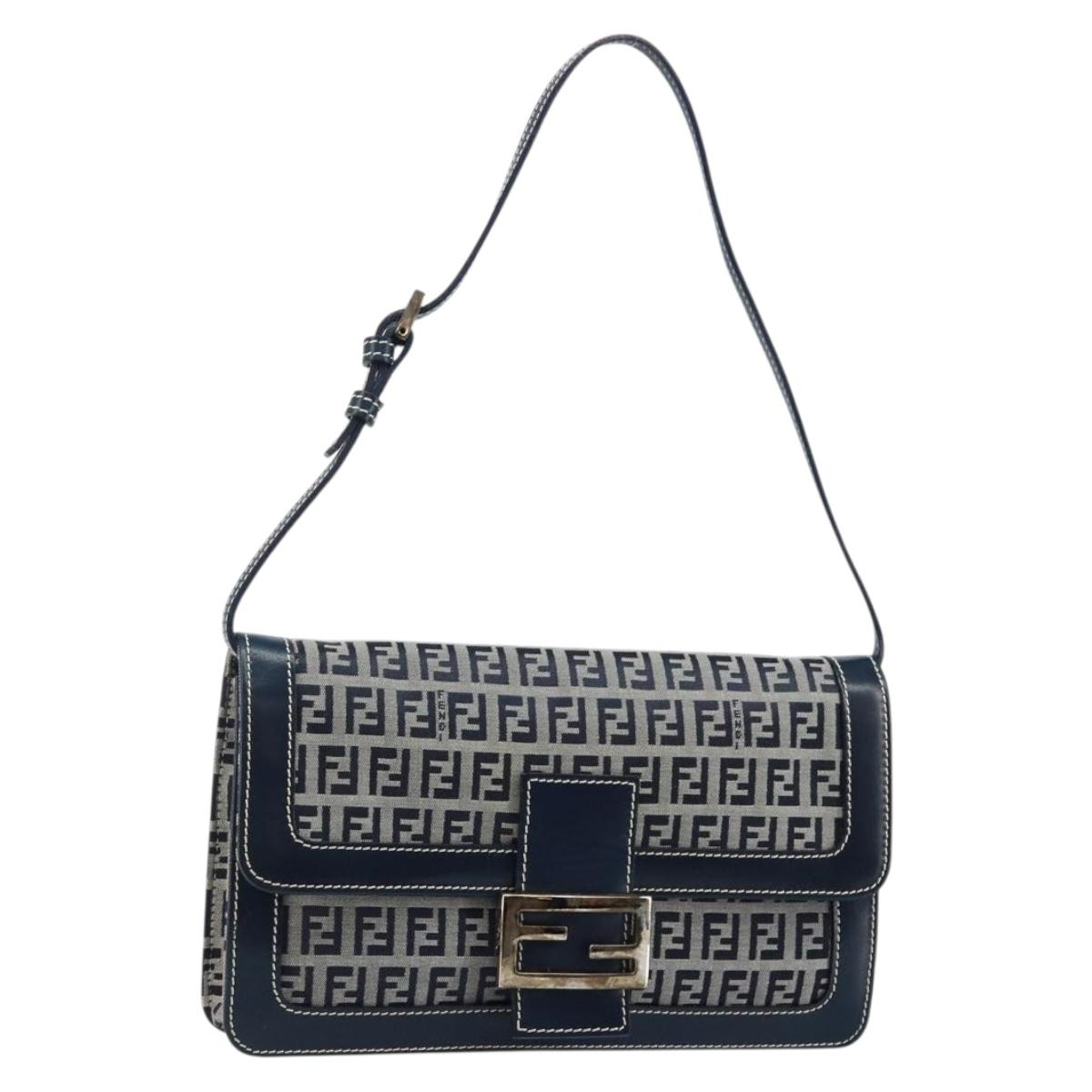 FENDI Zucchino Canvas Mamma Baguette Shoulder Bag Navy Silver Auth 143158V