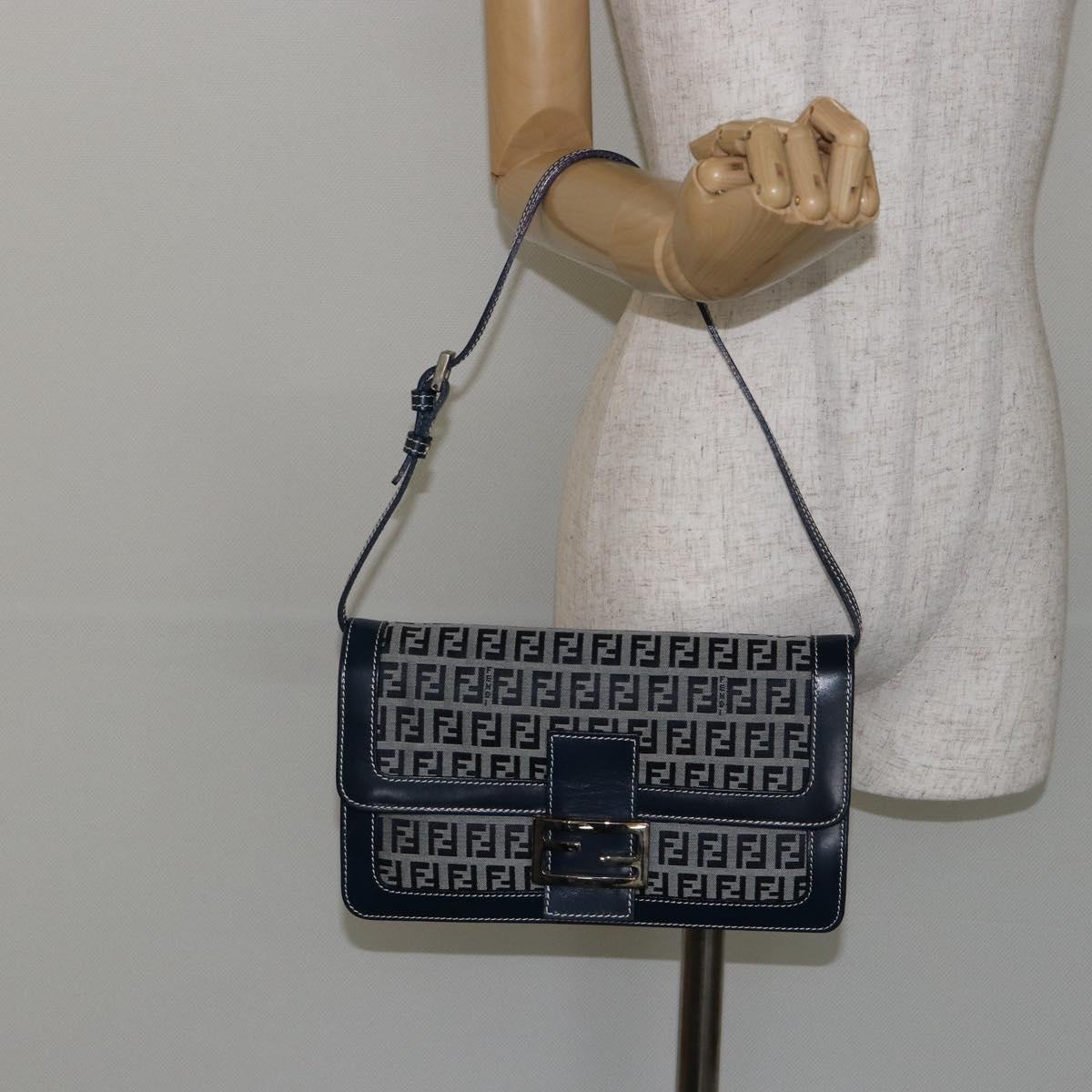 FENDI Zucchino Canvas Mamma Baguette Shoulder Bag Navy Silver Auth 143158V