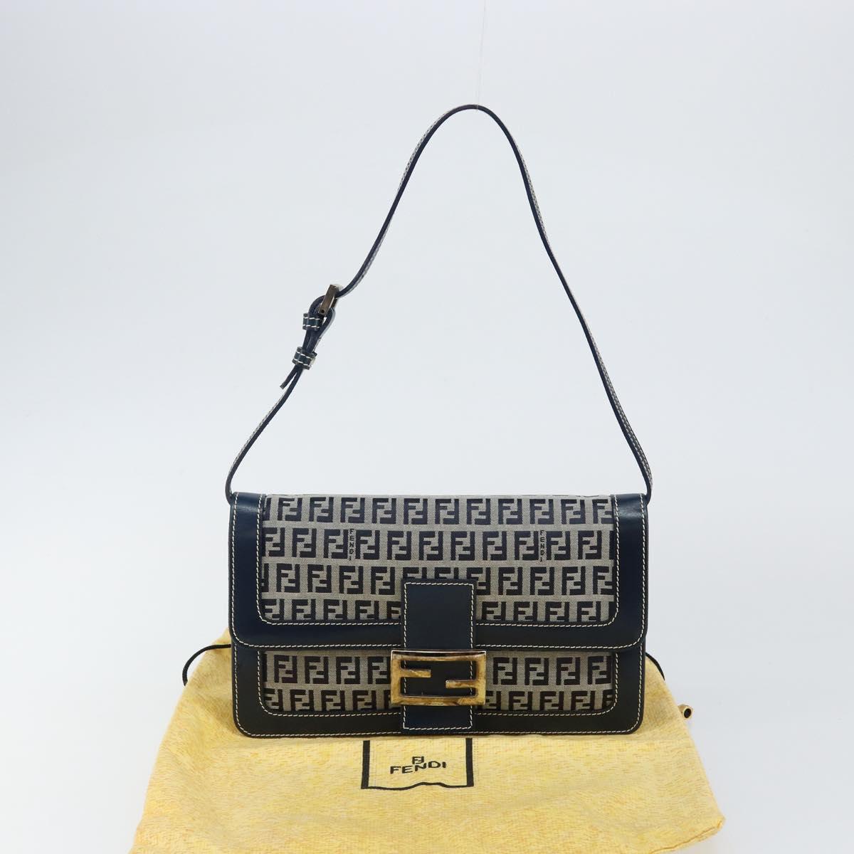 FENDI Zucchino Canvas Mamma Baguette Shoulder Bag Navy Silver Auth 143158V