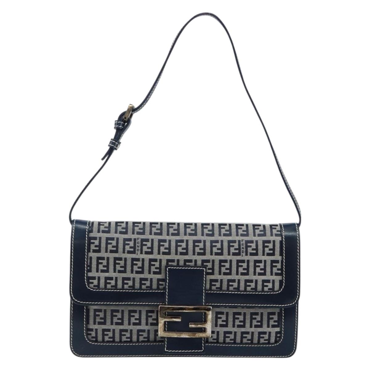 FENDI Zucchino Canvas Mamma Baguette Shoulder Bag Navy Silver Auth 143158V