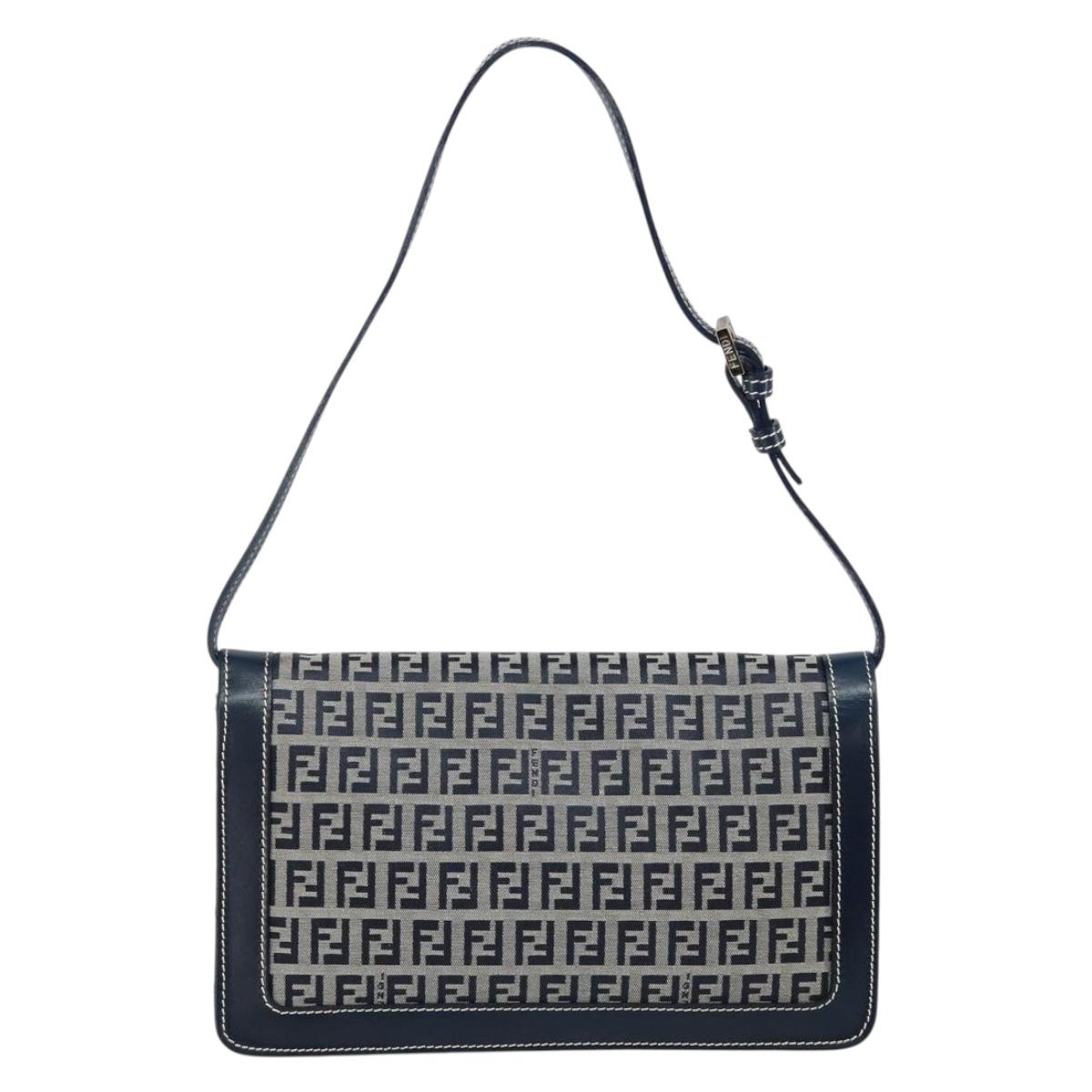 FENDI Zucchino Canvas Mamma Baguette Shoulder Bag Navy Silver Auth 143158V