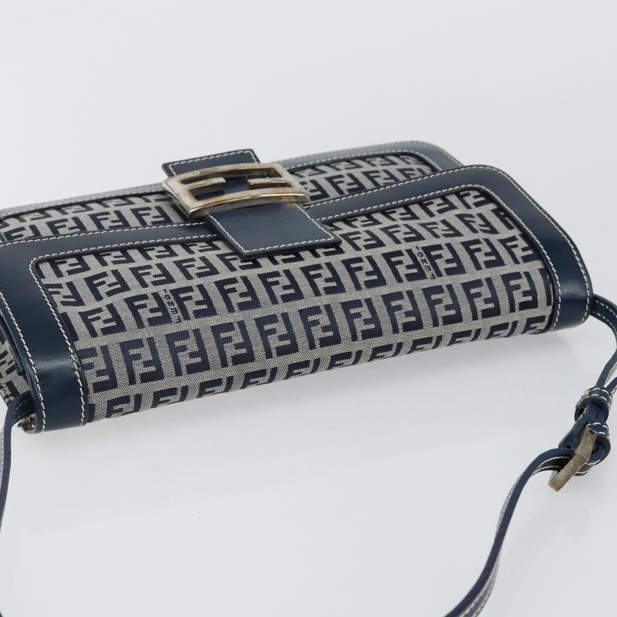 FENDI Zucchino Canvas Mamma Baguette Shoulder Bag Navy Silver Auth 143158V