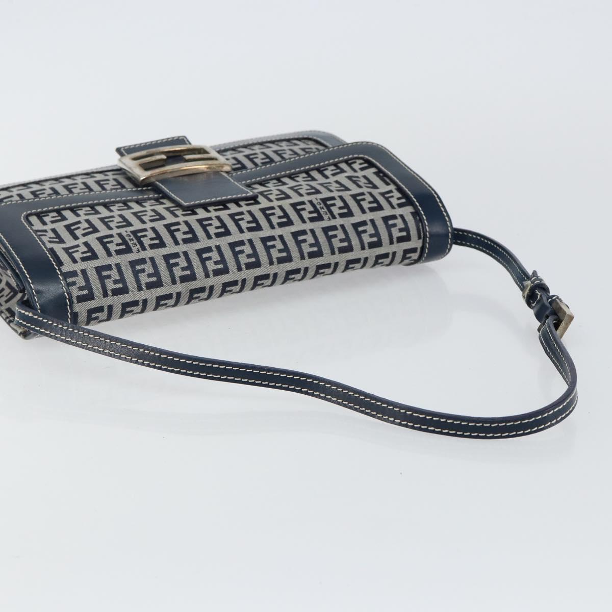 FENDI Zucchino Canvas Mamma Baguette Shoulder Bag Navy Silver Auth 143158V
