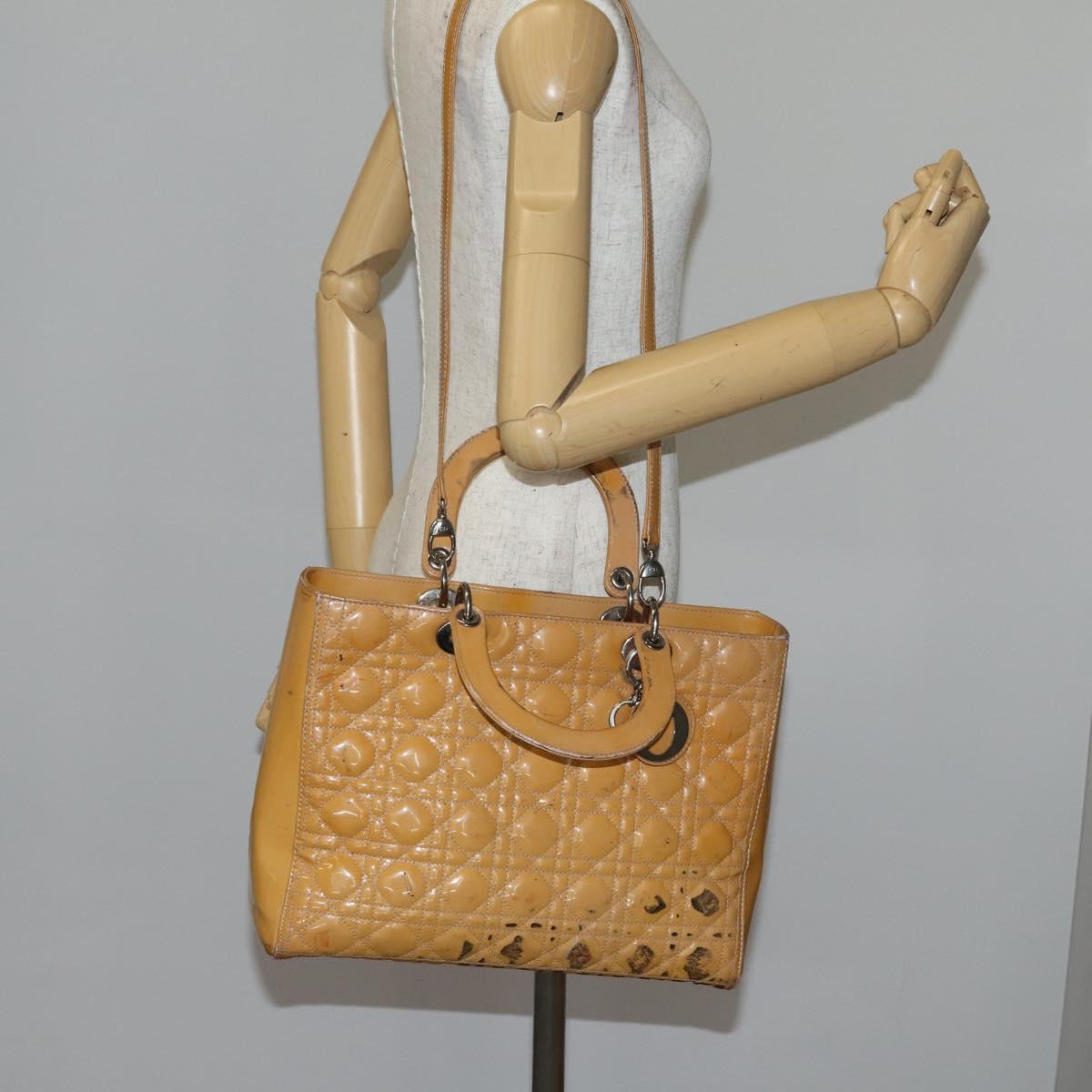 Christian Dior Lady Dior Canage Bag Patent leather 2way Beige Silver Auth 143159