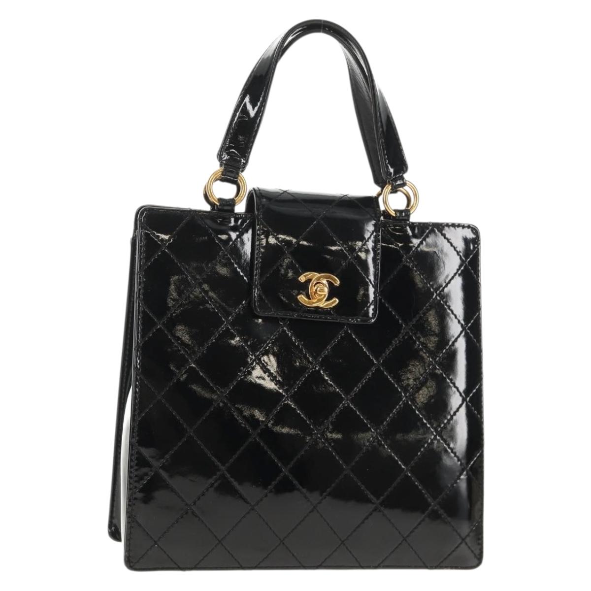 CHANEL Matelasse Hand Bag Patent leather Black Silver CC Auth 143165V