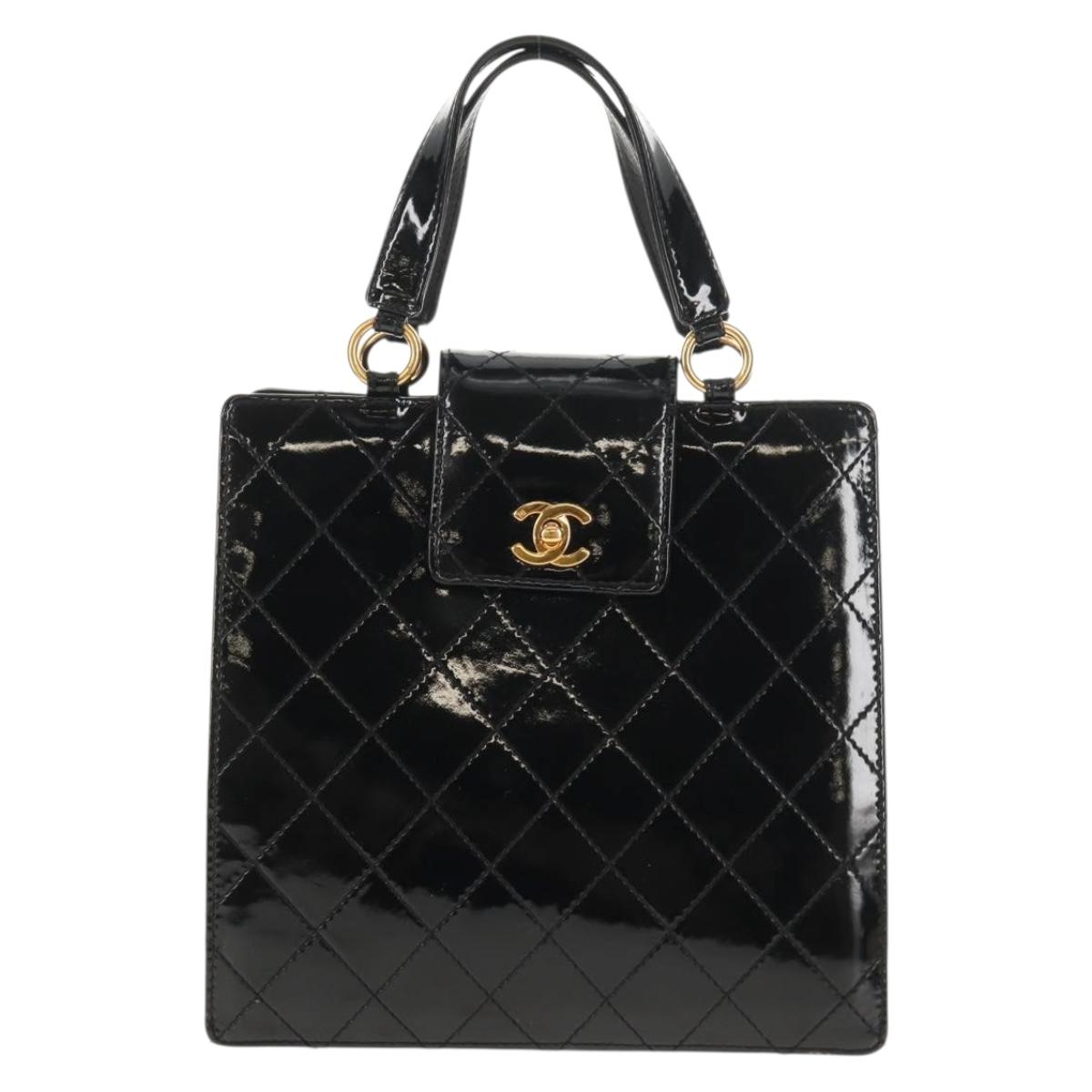 CHANEL Matelasse Hand Bag Patent leather Black Silver CC Auth 143165V