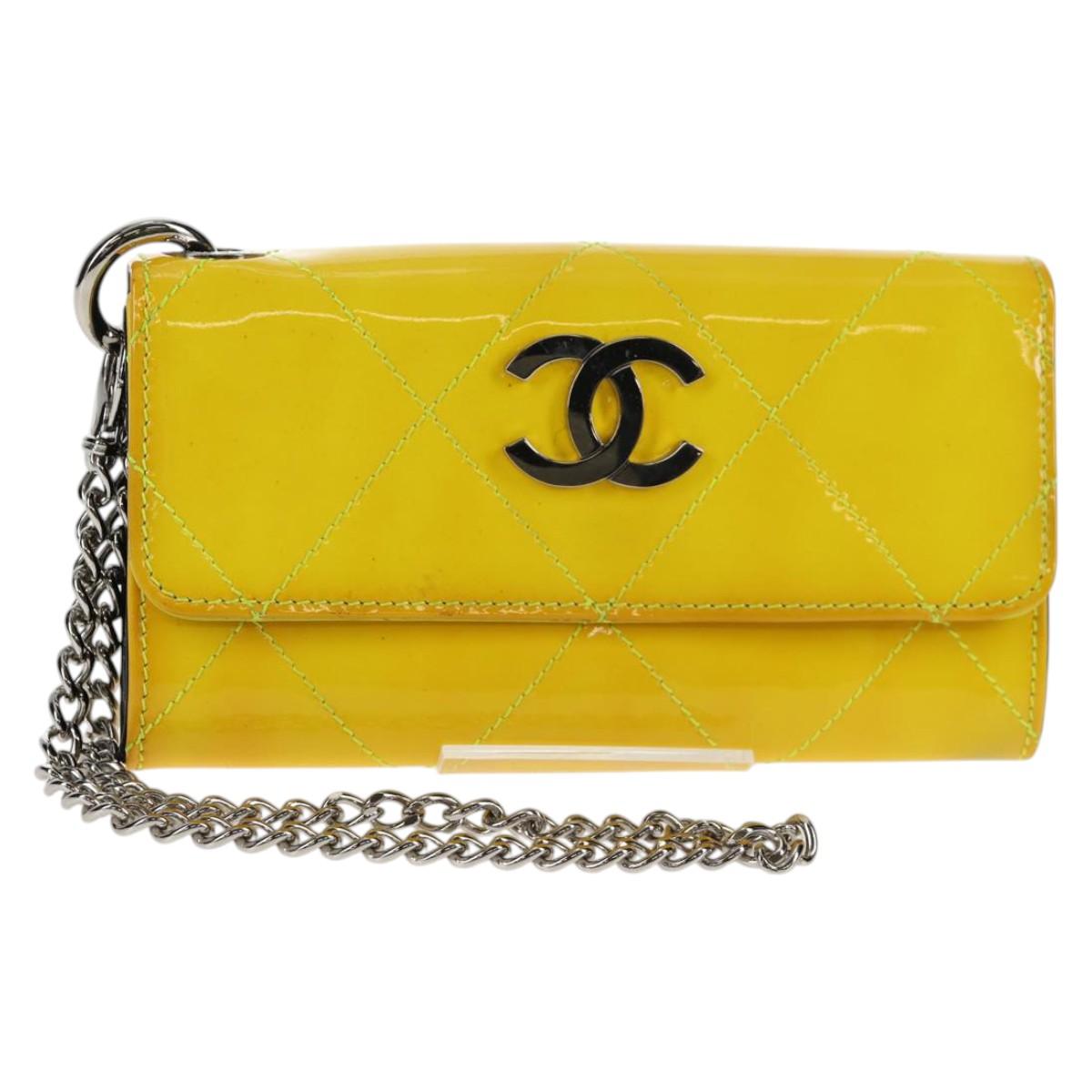 CHANEL Matelasse Chain Wallet Patent leather Yellow Silver CC Auth 143166V