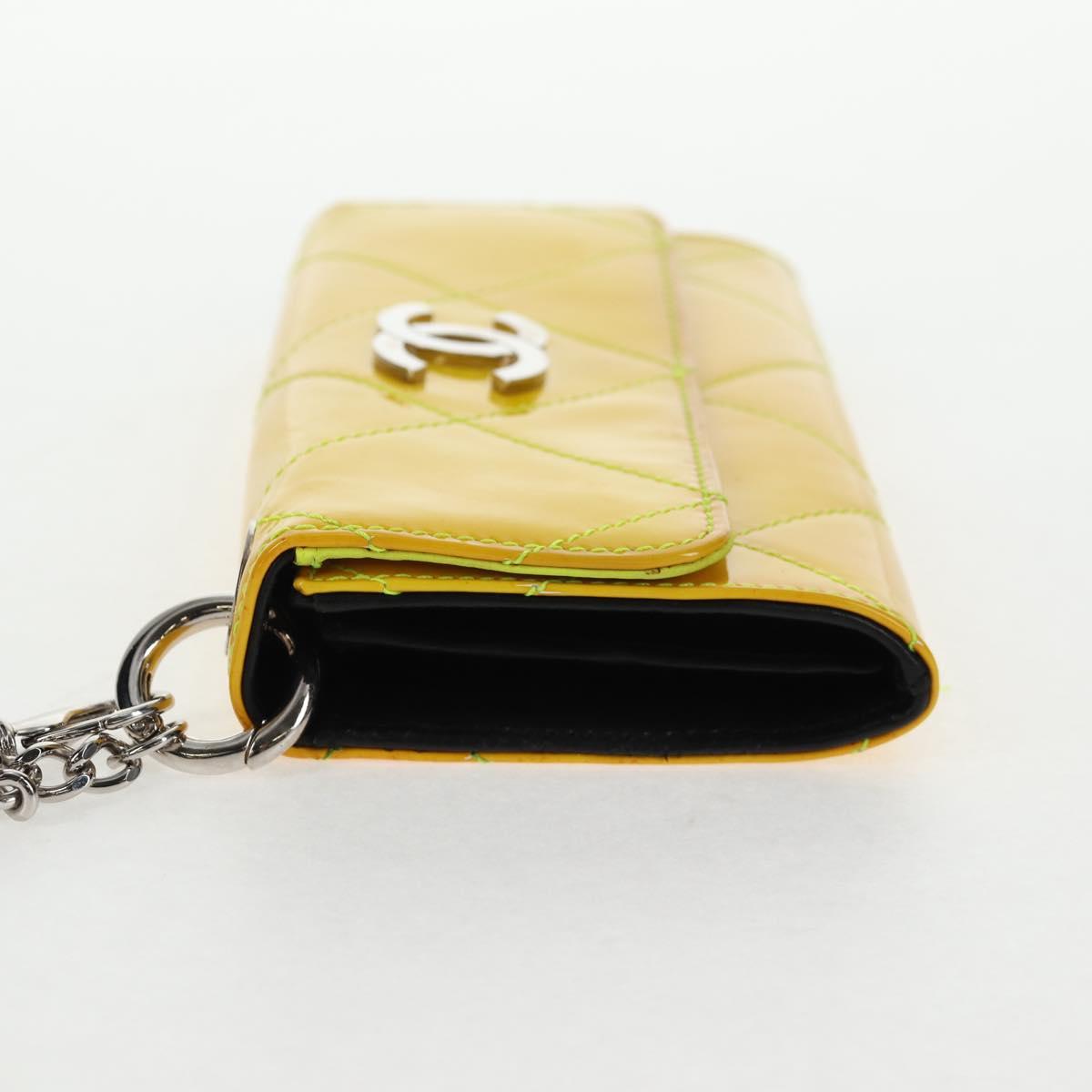 CHANEL Matelasse Chain Wallet Patent leather Yellow Silver CC Auth 143166V