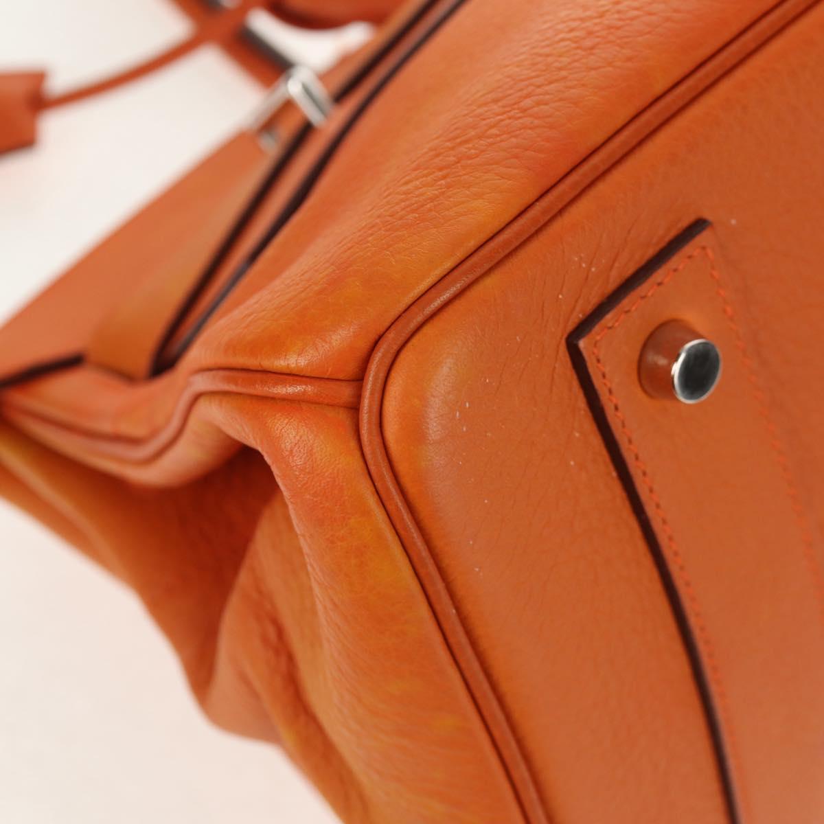 HERMES Shoulder Birkin Hand Bag Leather Orange Silver Auth 143171V