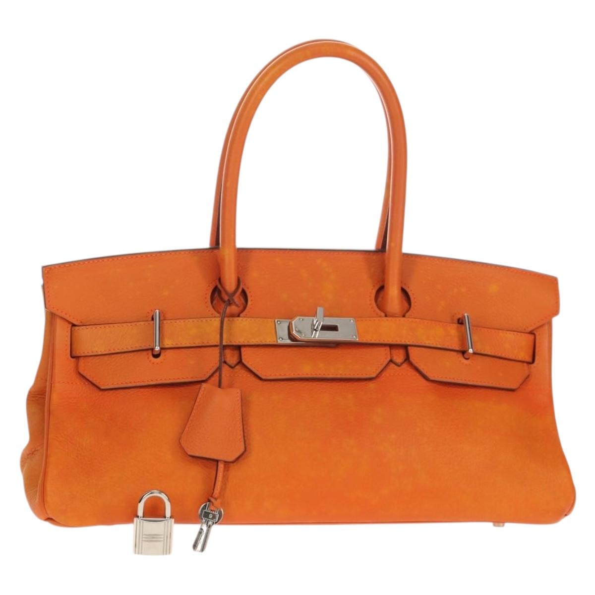HERMES Shoulder Birkin Hand Bag Leather Orange Silver Auth 143171V