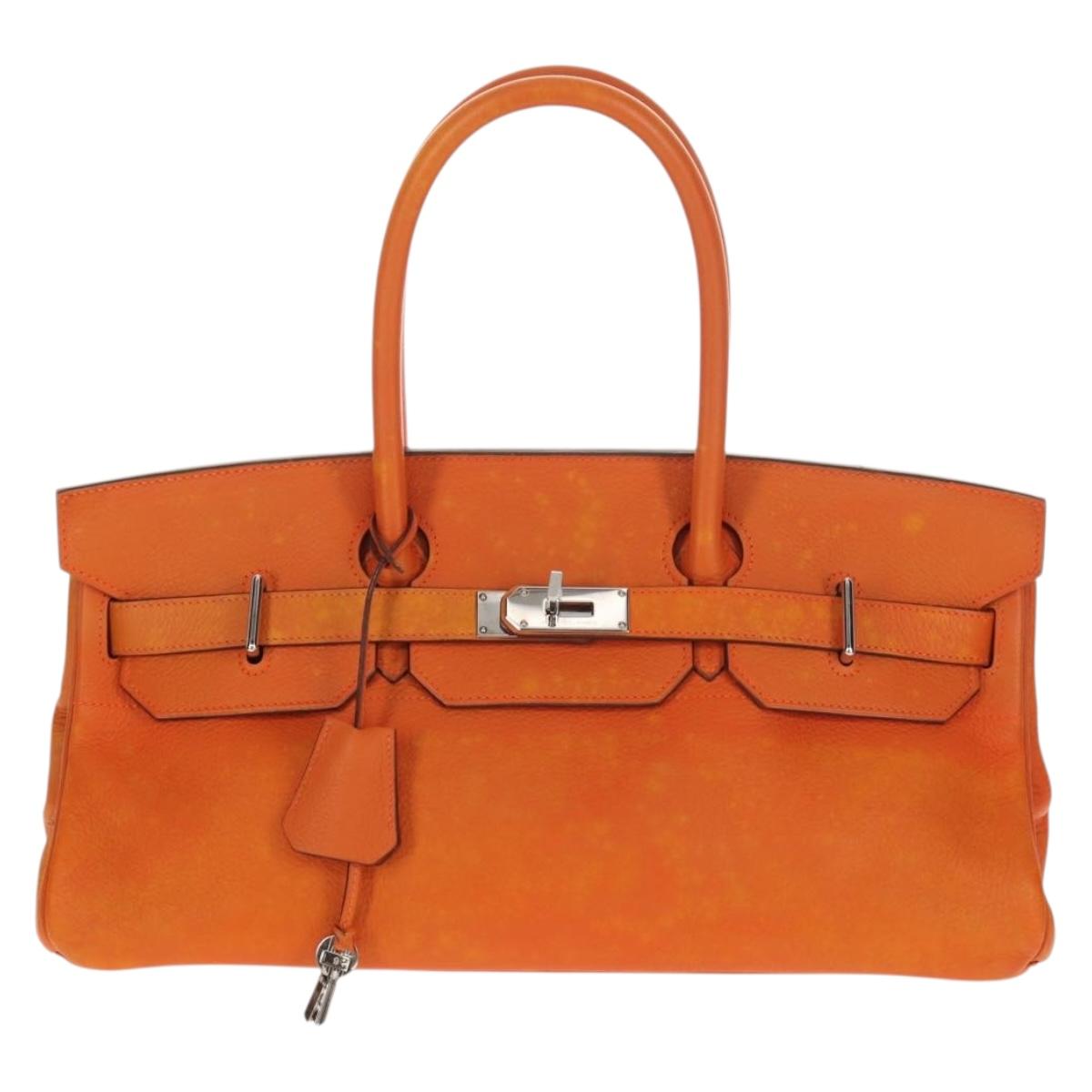 HERMES Shoulder Birkin Hand Bag Leather Orange Silver Auth 143171V