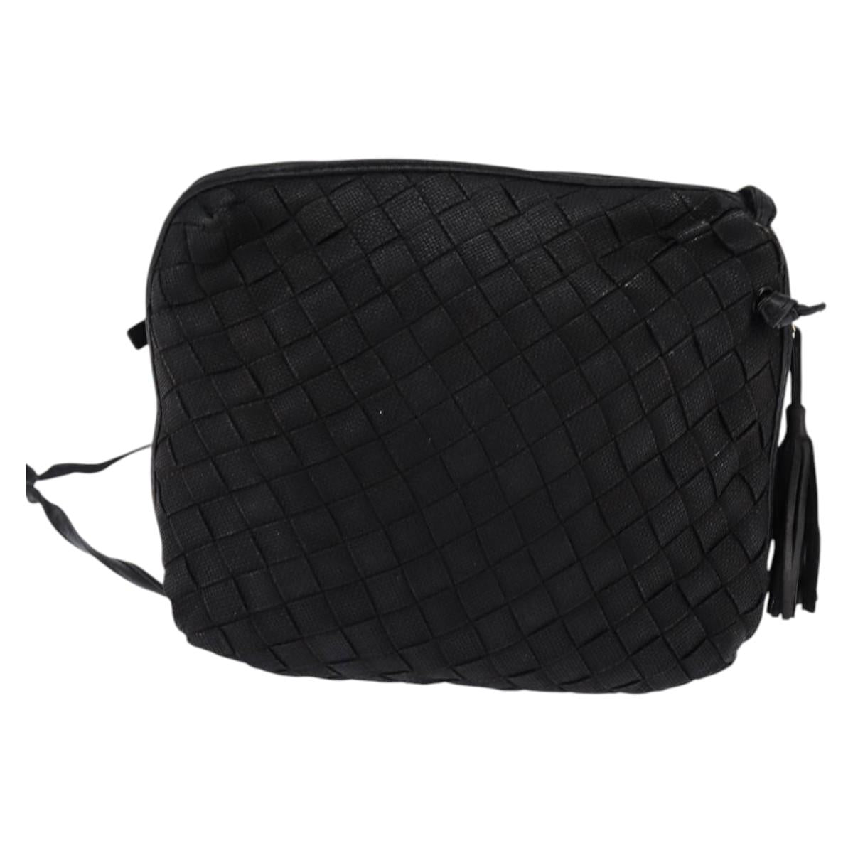 BOTTEGA VENETA INTRECCIATO Shoulder Bag Leather Black Gold Auth 143195