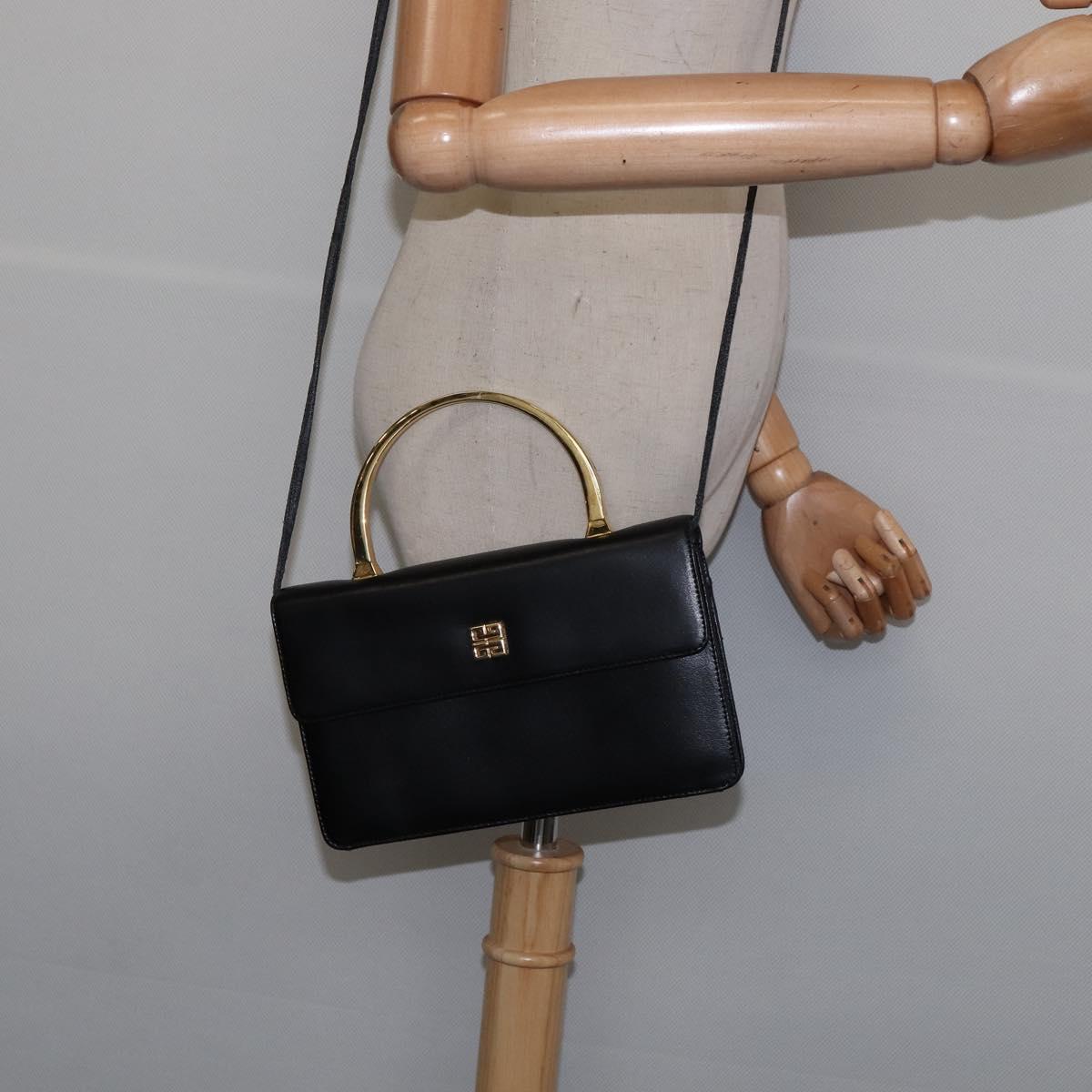 GIVENCHY Hand Bag Leather 2way Black Gold Auth 143196