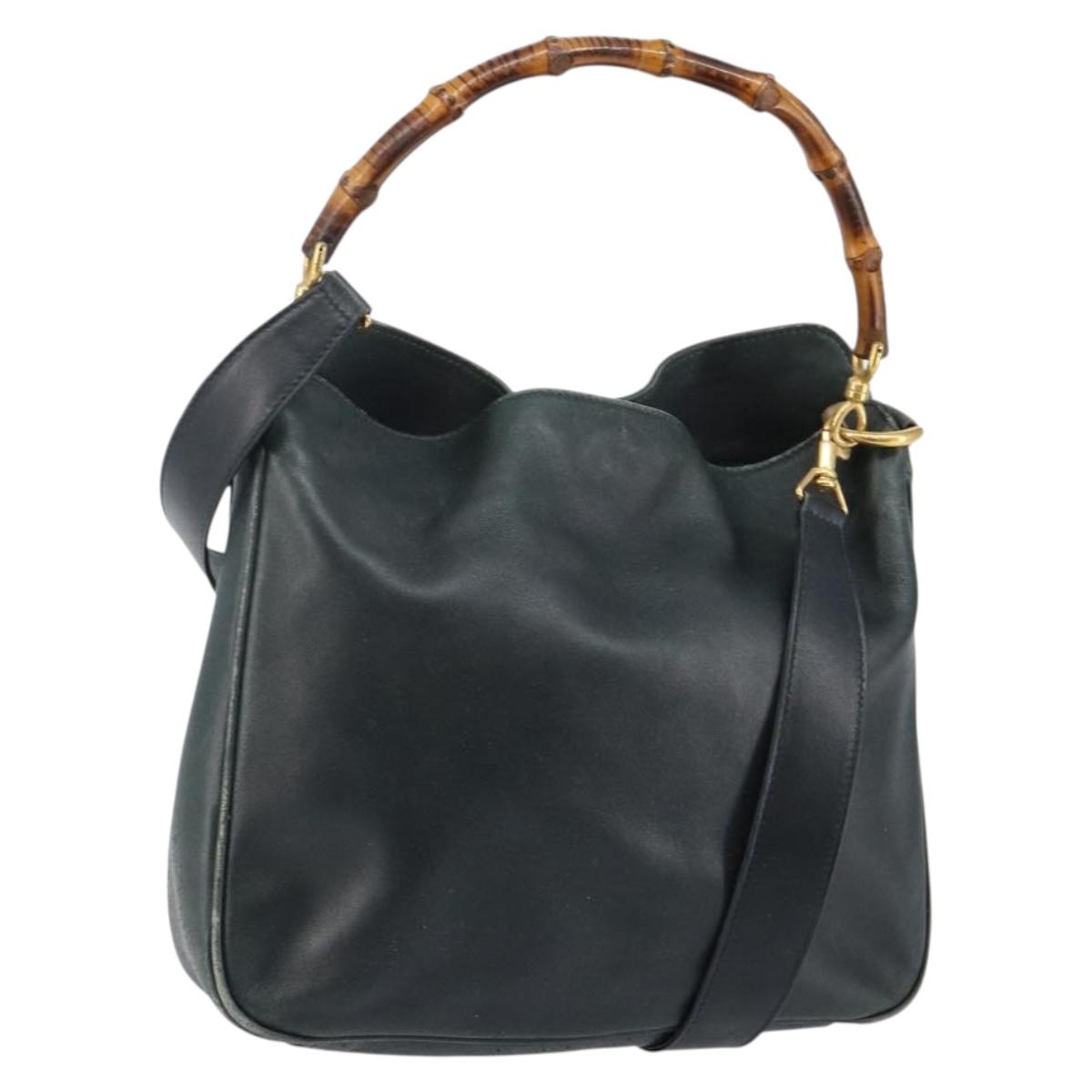 GUCCI Bamboo Hand Bag Leather 2way Green Gold 001 2113 1638 Auth 143210