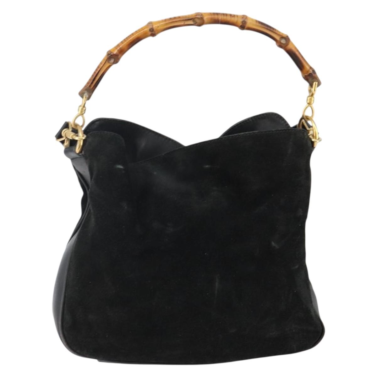 GUCCI Bamboo Hand Bag Suede Leather 2way Black Gold 001 3754 1638 Auth 143211
