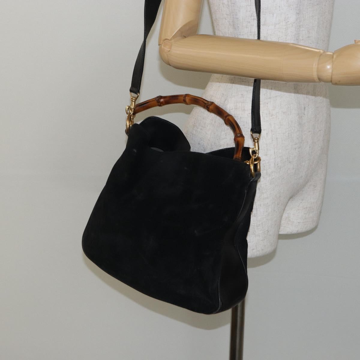 GUCCI Bamboo Hand Bag Suede Leather 2way Black Gold 001 3754 1638 Auth 143211