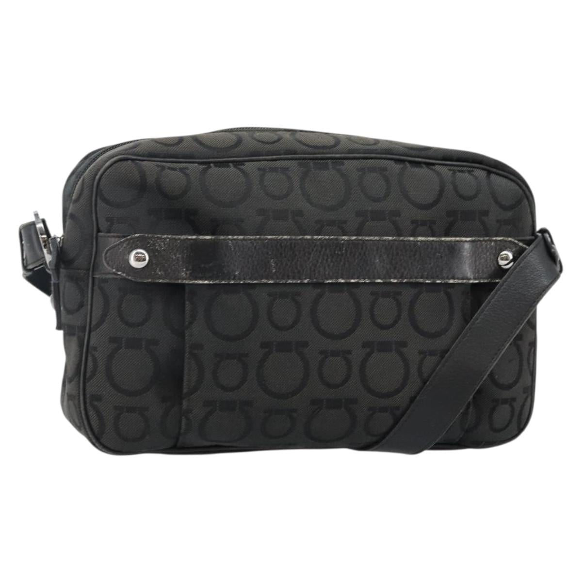 Salvatore Ferragamo Gancini Shoulder Bag Canvas Black Silver Auth 143219