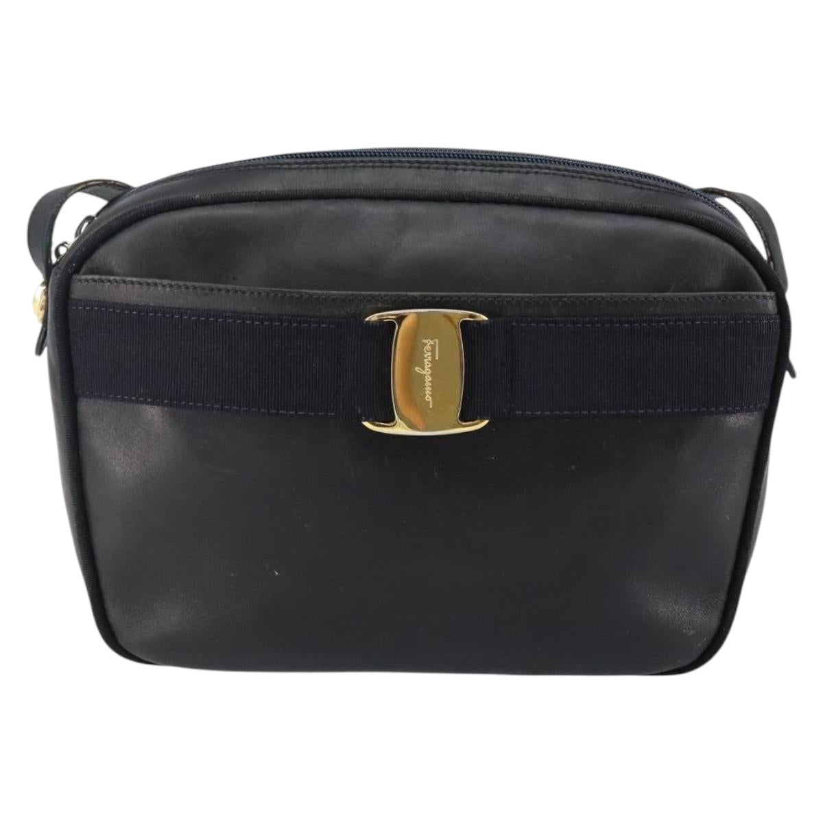 Salvatore Ferragamo Vala Shoulder Bag Leather Navy Gold Auth 143221